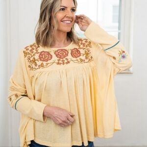 Easel Buttercup Yellow Cotton Blend Embroidered Babydoll Peasant Top